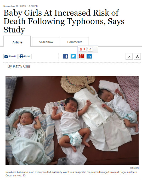 http://blogs.wsj.com/searealtime/2013/11/20/baby-girls-at-increased-risk-of-death-following-typhoons-says-study/
