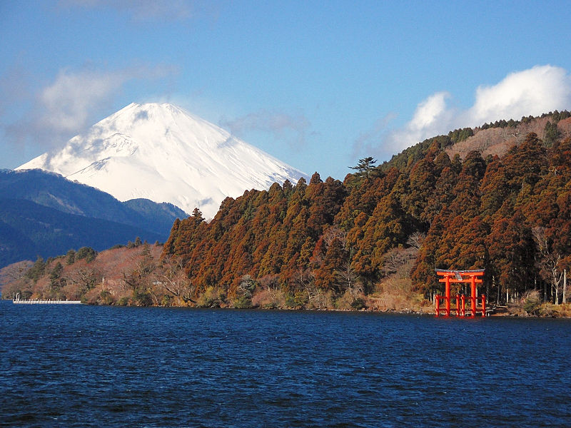 Lake Ashi (Shinto shrine in foreground, Mount Fuji in background)